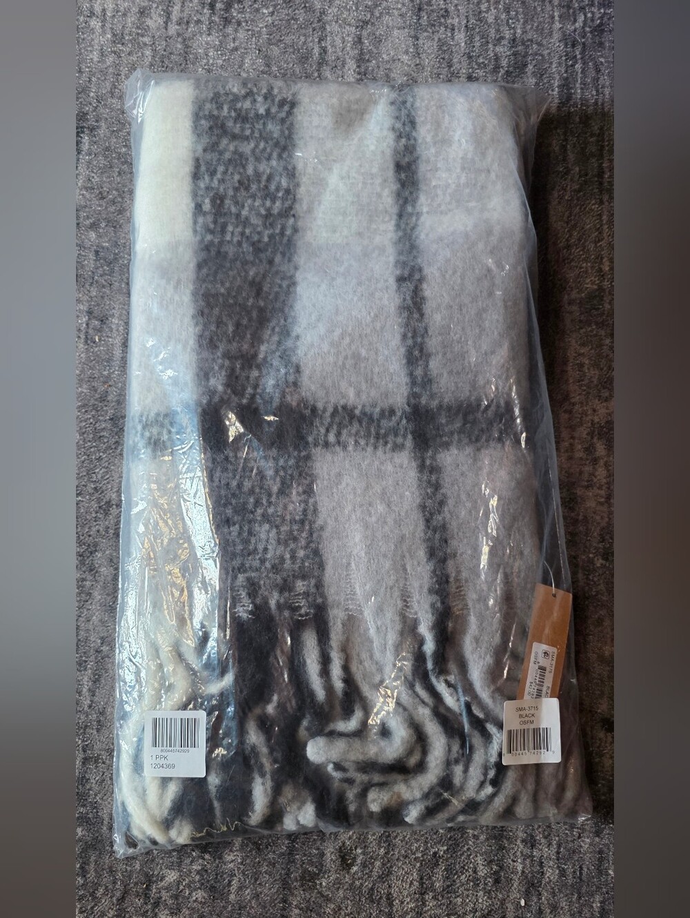 Plaid Fringe Scarf Sweater - Black and Gray